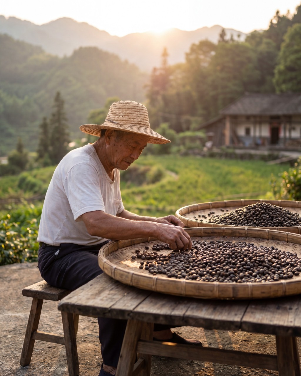 農人於夕陽下手工挑選苦茶籽，展現對原料與時間的細緻尊重