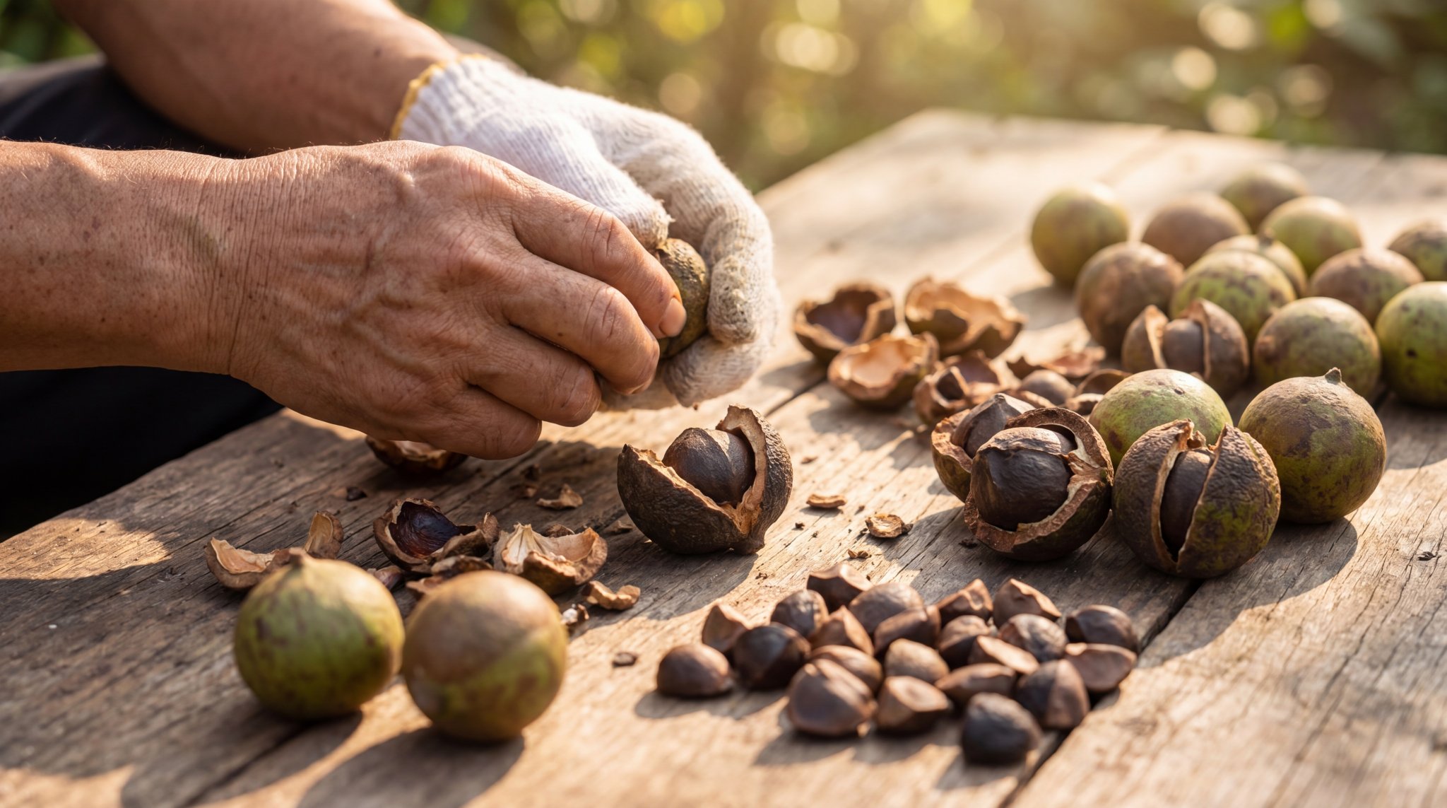 苦茶籽去殼處理過程，手工剝殼取出成熟茶籽仁