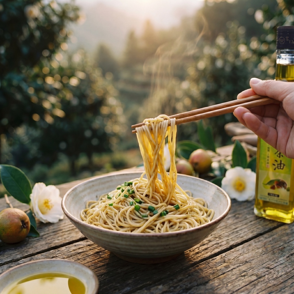 山林茶園背景中的苦茶油拌麵線料理場景，呈現自然飲食與日常風味