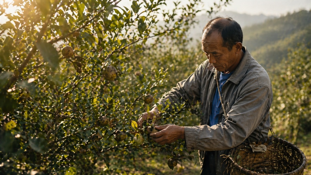 苦茶樹採收畫面，農民於山林中手工採摘成熟苦茶籽