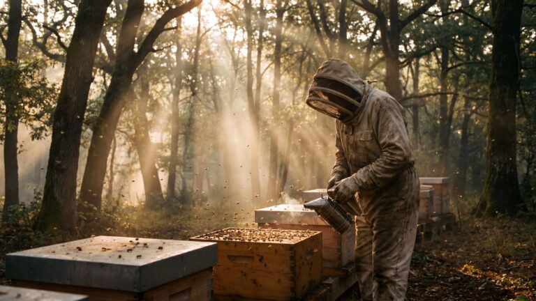 清晨森林蜂場中養蜂人巡蜂與煙燻蜂箱的日常工作畫面