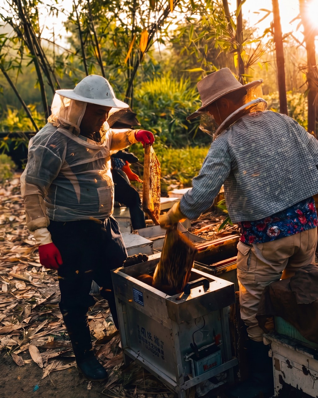 蜂農於竹林蜂場採收蜂蜜，夕陽下檢視蜂框與蜂箱作業現場