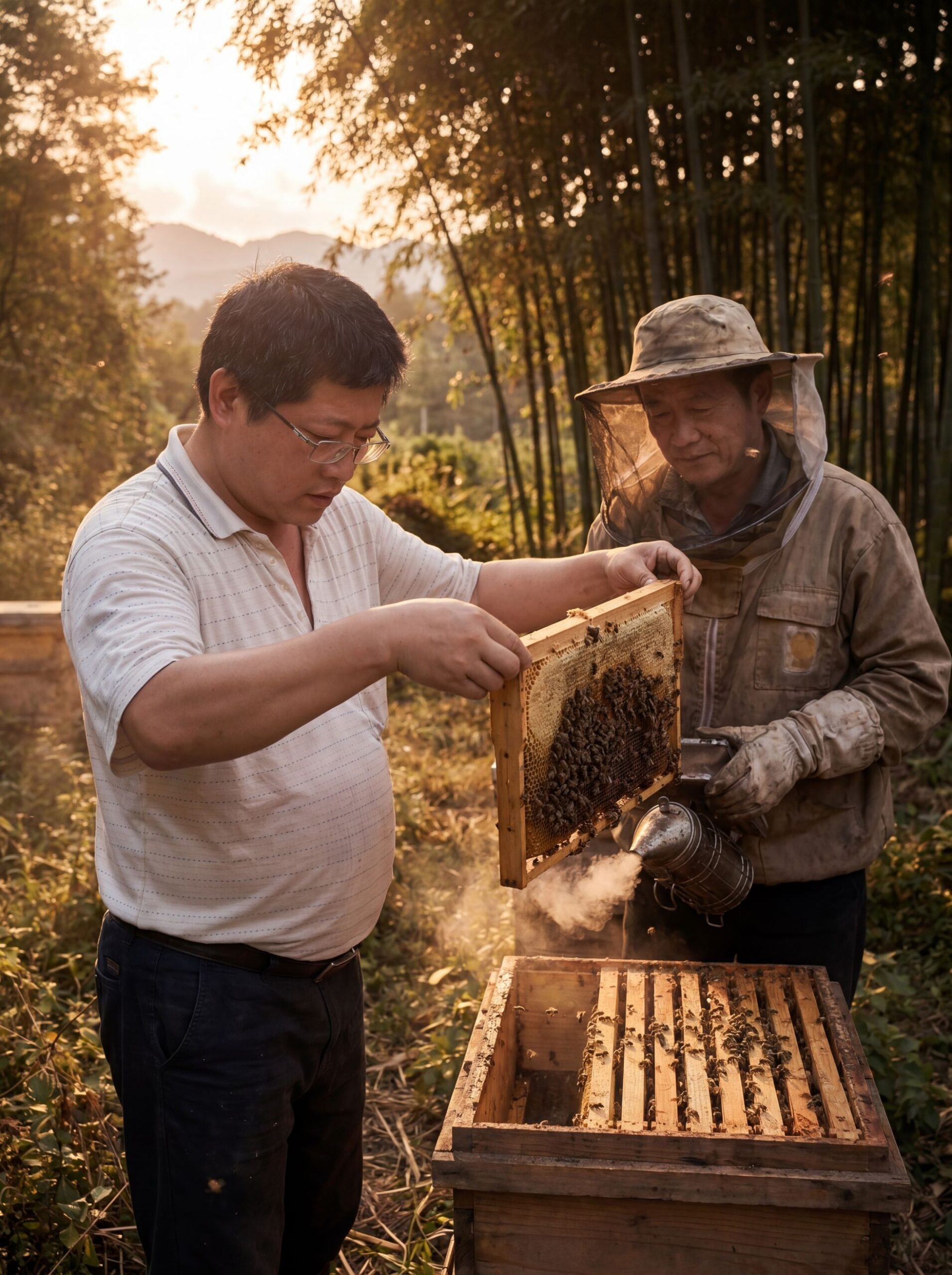 兩位蜂農在蜂場操作蜂框與蜂箱的現場作業畫面