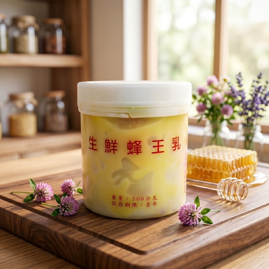 48小時採收蜂王乳產品照片，置於森林苔蘚自然場景中