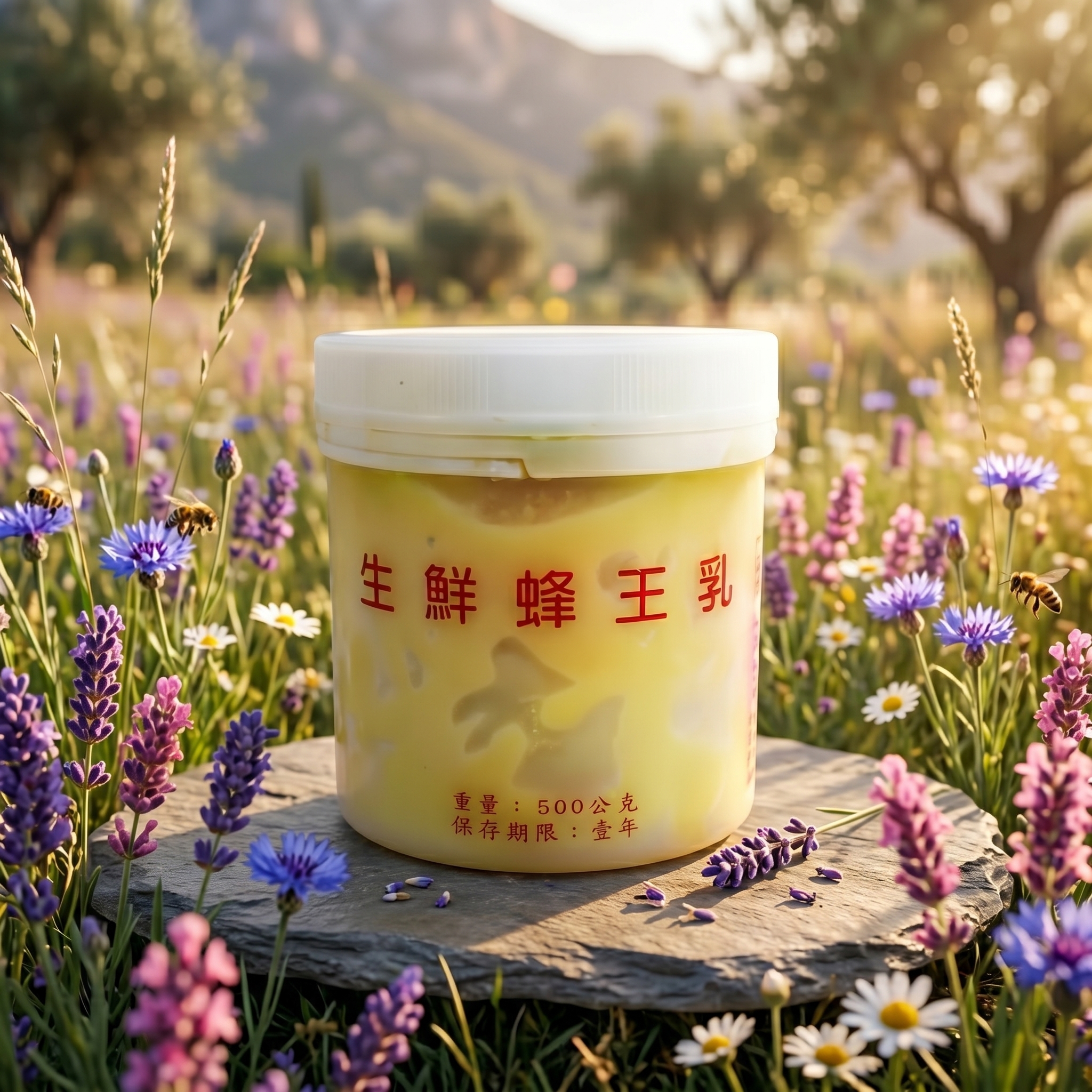 台灣新鮮蜂王乳 300g 產品照片，置於森林苔蘚自然場景中