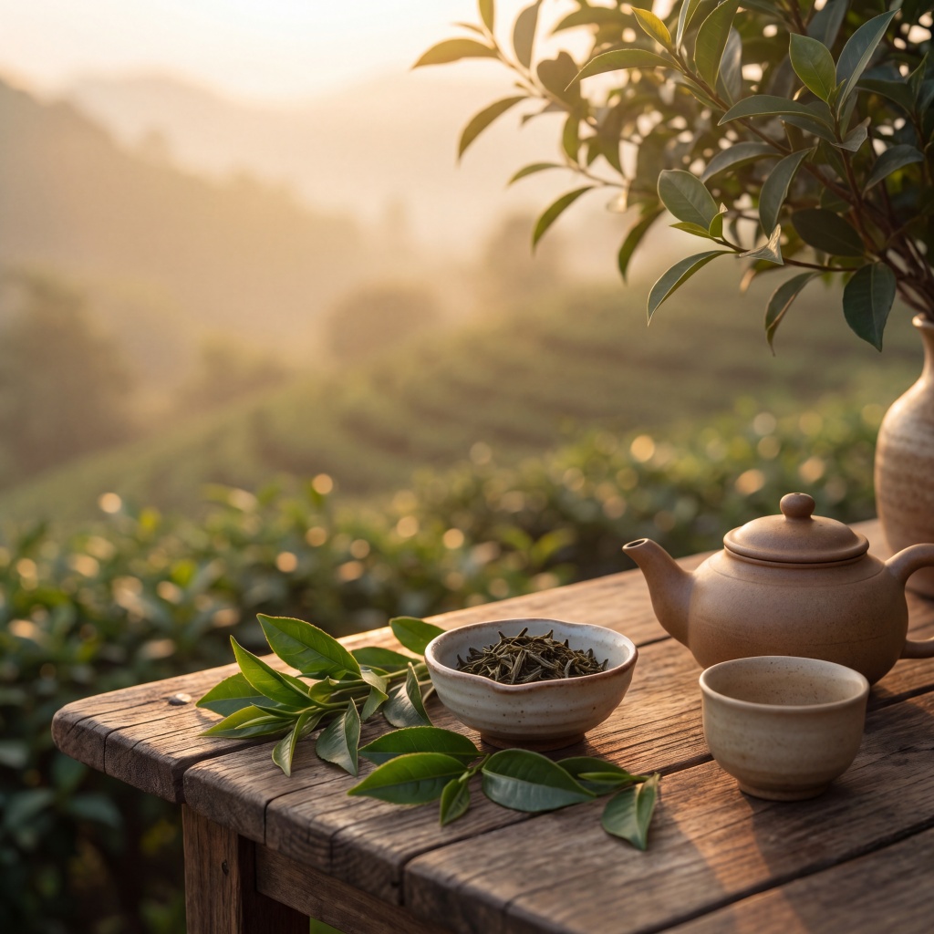茶葉系列預告圖，呈現茶具、茶葉與山林晨光氛圍