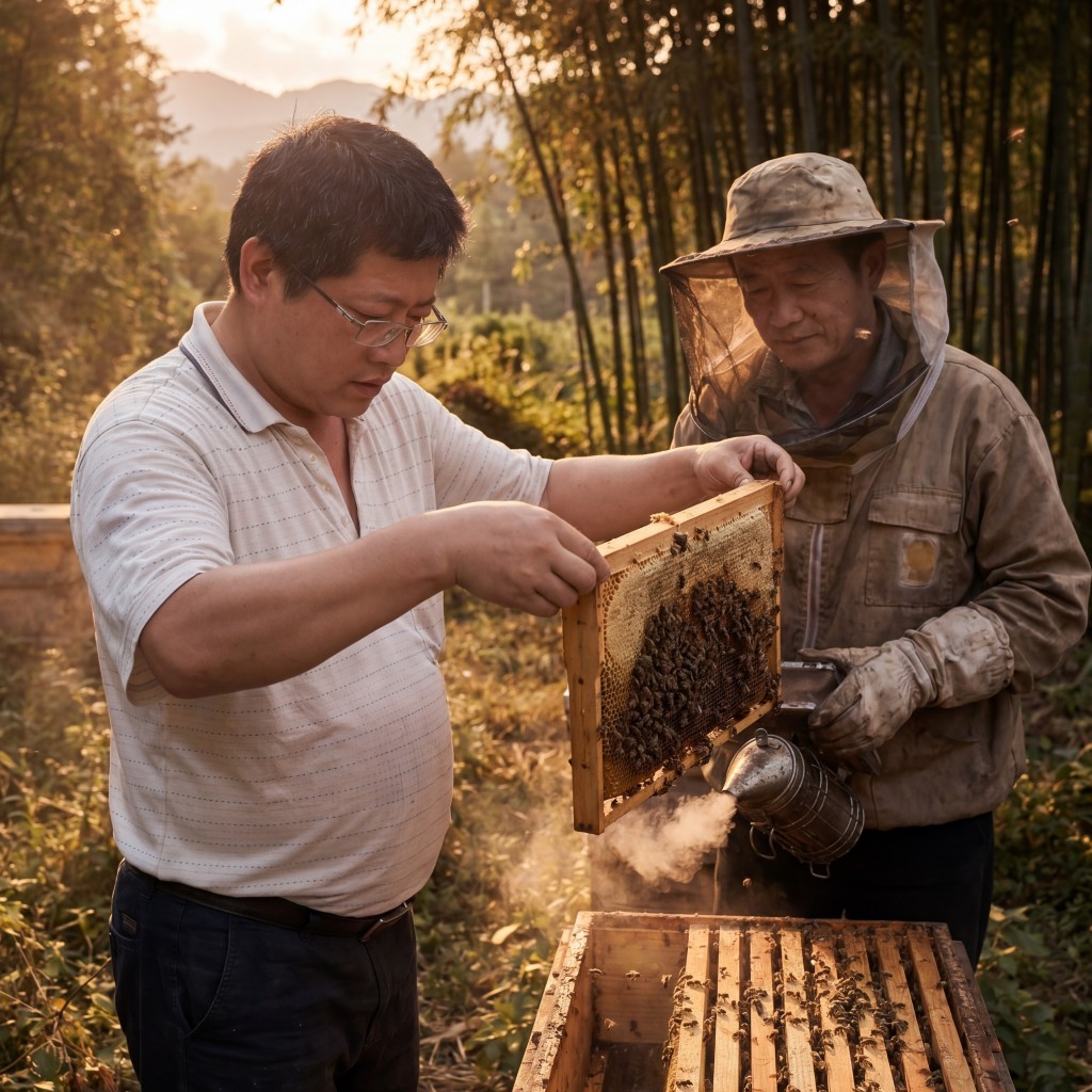 養蜂人員正在檢查蜂箱蜂框，觀察蜂群狀態與蜂蜜生成情況的實務操作畫面