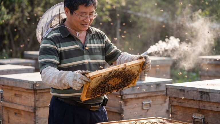 春季蜂場中，養蜂人正在檢查蜂箱與蜂群活動狀況，蜜蜂在巢門附近飛行
