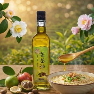 苦茶油瓶身、苦茶果與拌麵料理的產品形象圖