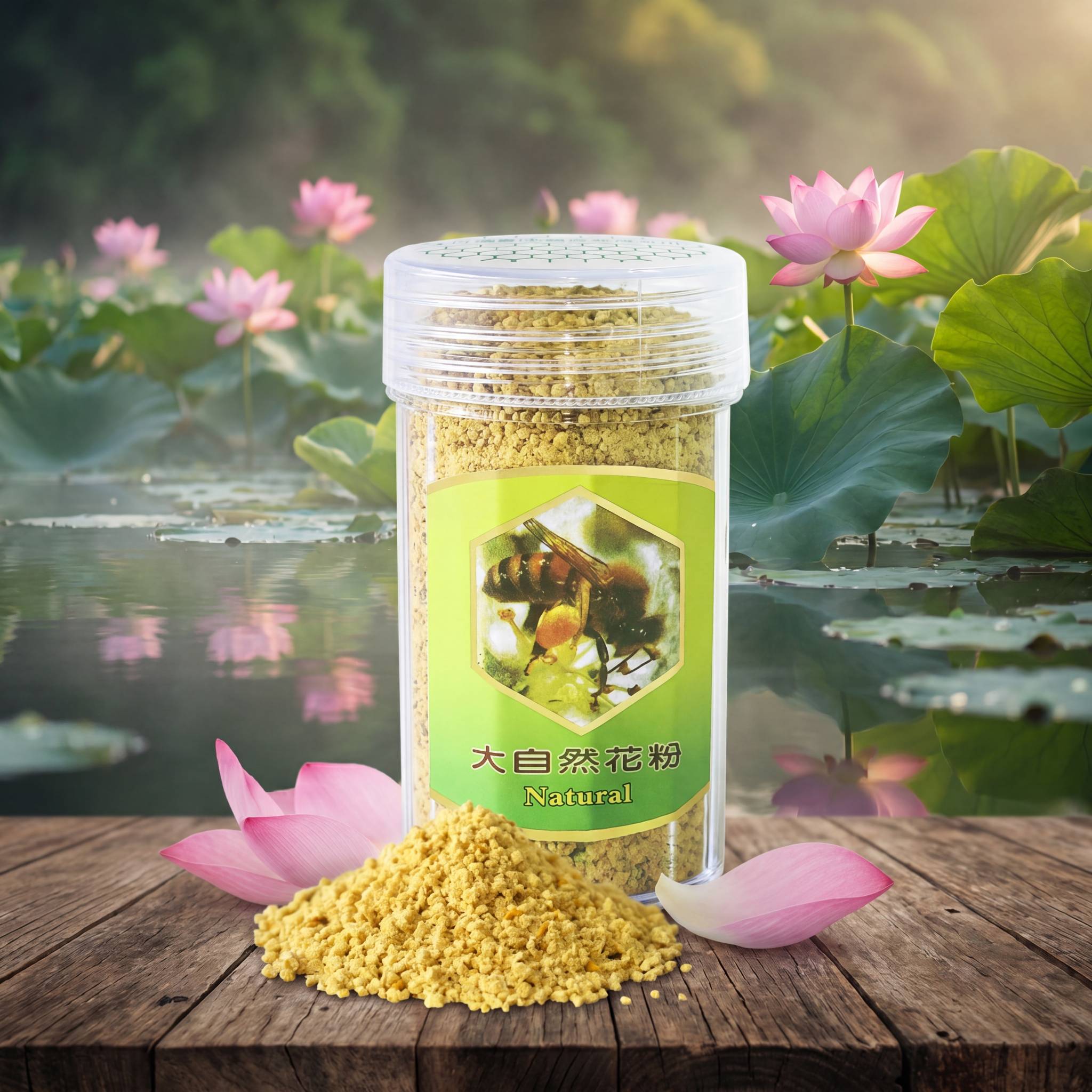 台灣荷花粉產品，透明罐裝搭配淡黃色花粉顆粒，背景為清晨蓮花池與粉色荷花