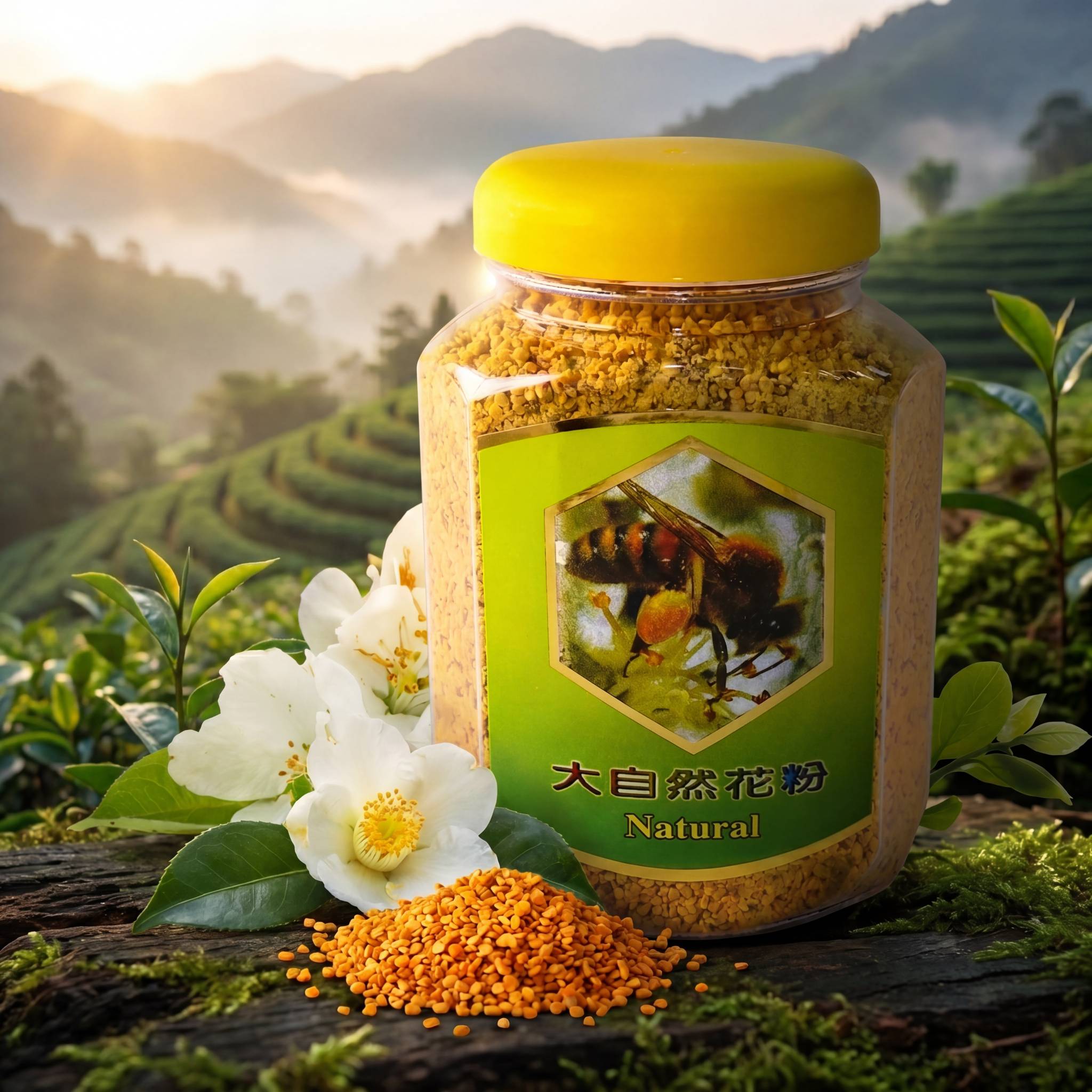 台灣茶花粉產品，黃色瓶蓋透明罐裝，搭配白色茶花、橘色茶花粉顆粒與高山茶園背景