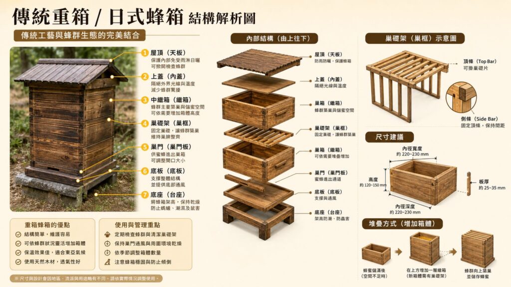 傳統重箱蜂箱結構解析圖,展示外蓋、內蓋、採蜜箱、隔王板、育蟲箱、底板、箱架與活動巢框等主要組成