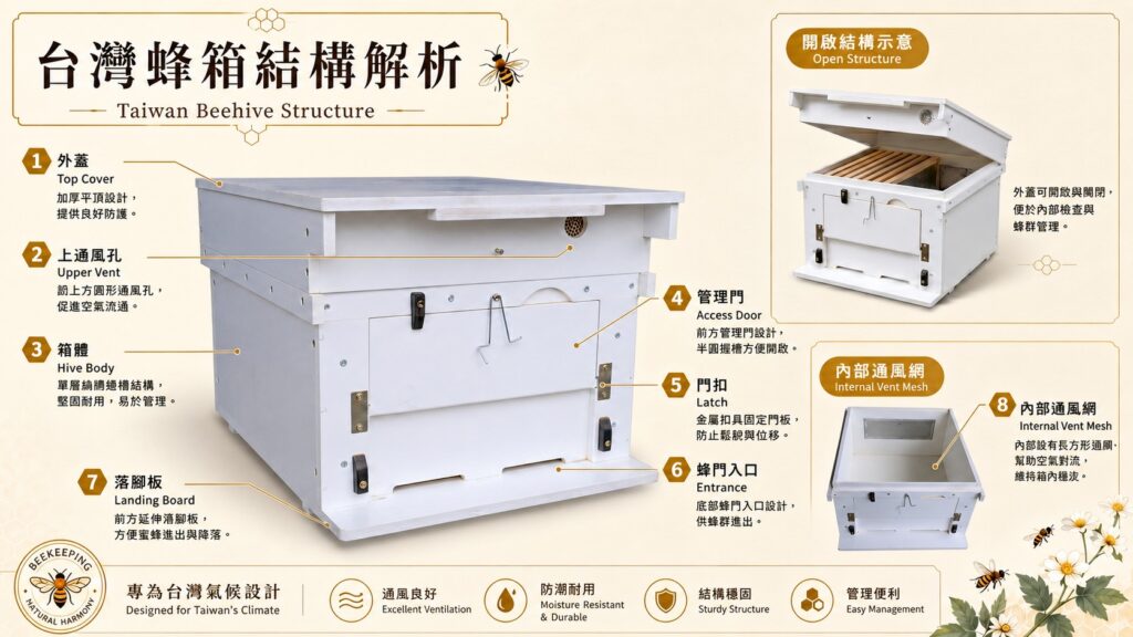 台灣蜂箱結構解析圖,展示外蓋、內蓋、採蜜箱、隔王板、育蟲箱、底板、箱架與活動巢框等主要組成
