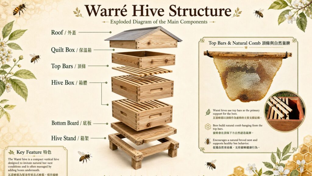 瓦雷蜂箱結構解析圖,展示外蓋、內蓋、採蜜箱、隔王板、育蟲箱、底板、箱架與活動巢框等主要組成