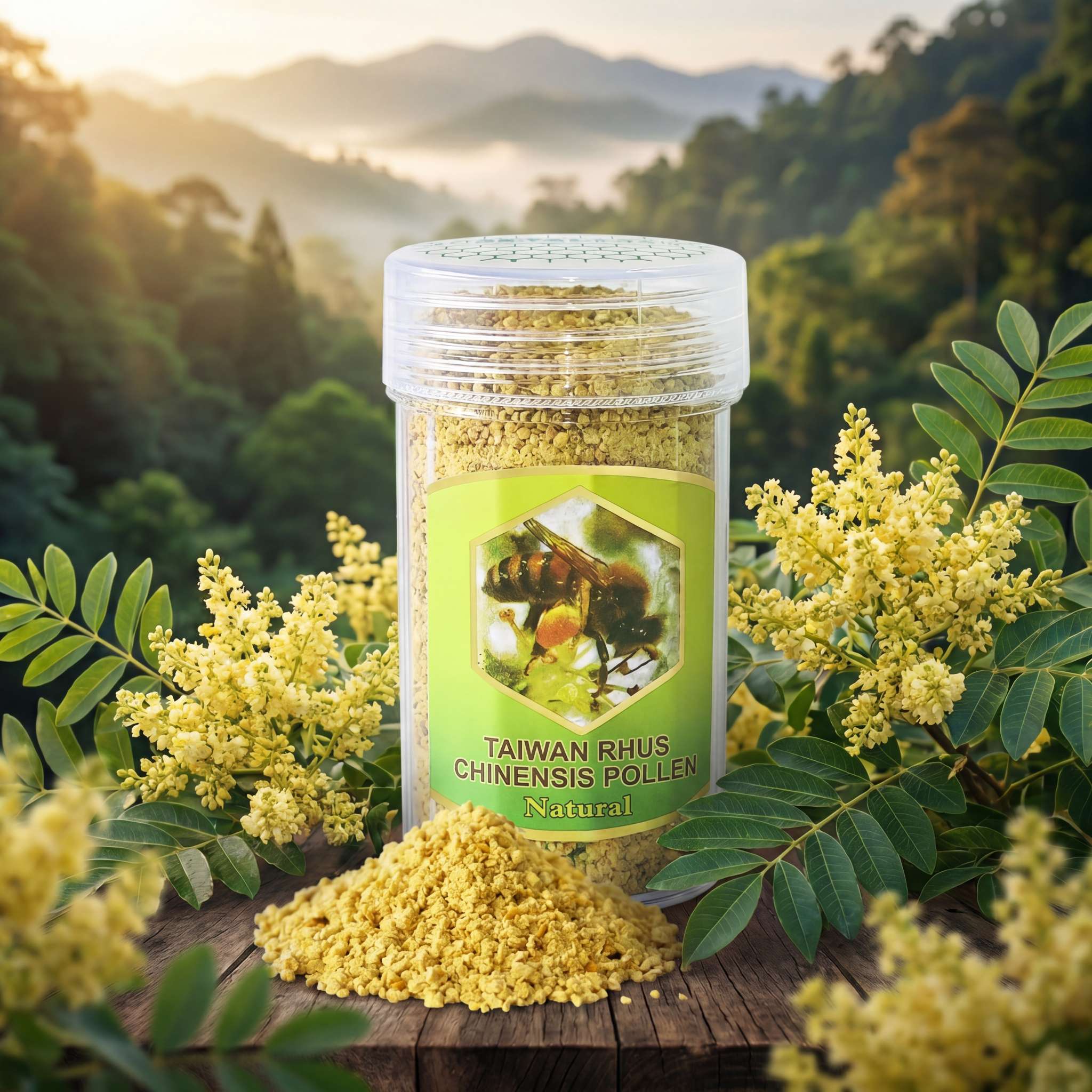 台灣羅氏鹽膚木花粉產品，透明罐裝搭配淡黃土色花粉顆粒，背景為台灣山林、遠山與羅氏鹽膚木花序