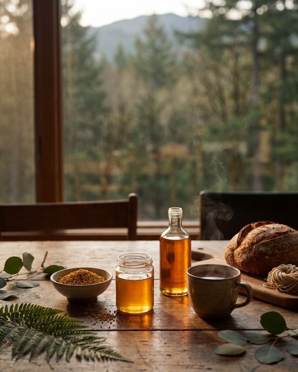 山林窗景前的自然餐桌，擺放蜂蜜、蜂花粉、苦茶油與茶飲，呈現純粹日常風味